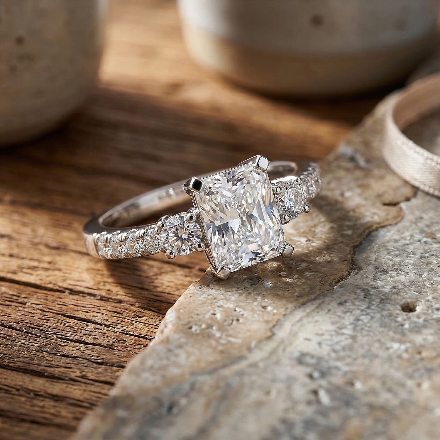 D'Joy - Moissanite GRA Certified Trilogy Ring in Rhodium Overlay Sterling Silver 2.10 Ct.