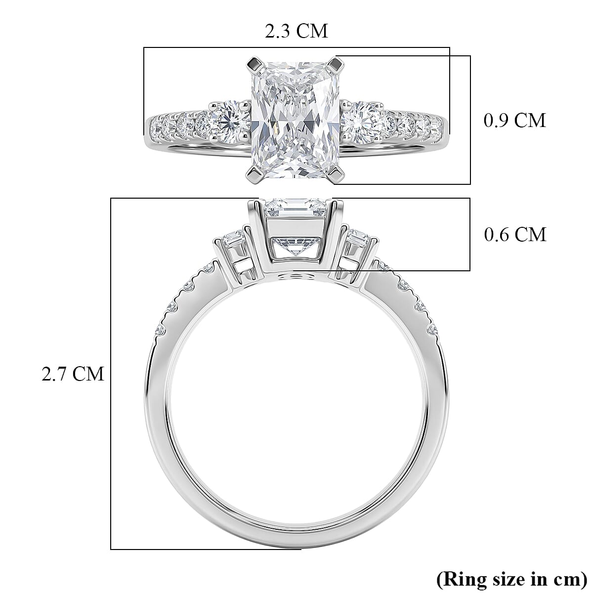 D'Joy - Moissanite GRA Certified Trilogy Ring in Rhodium Overlay Sterling Silver 2.10 Ct.