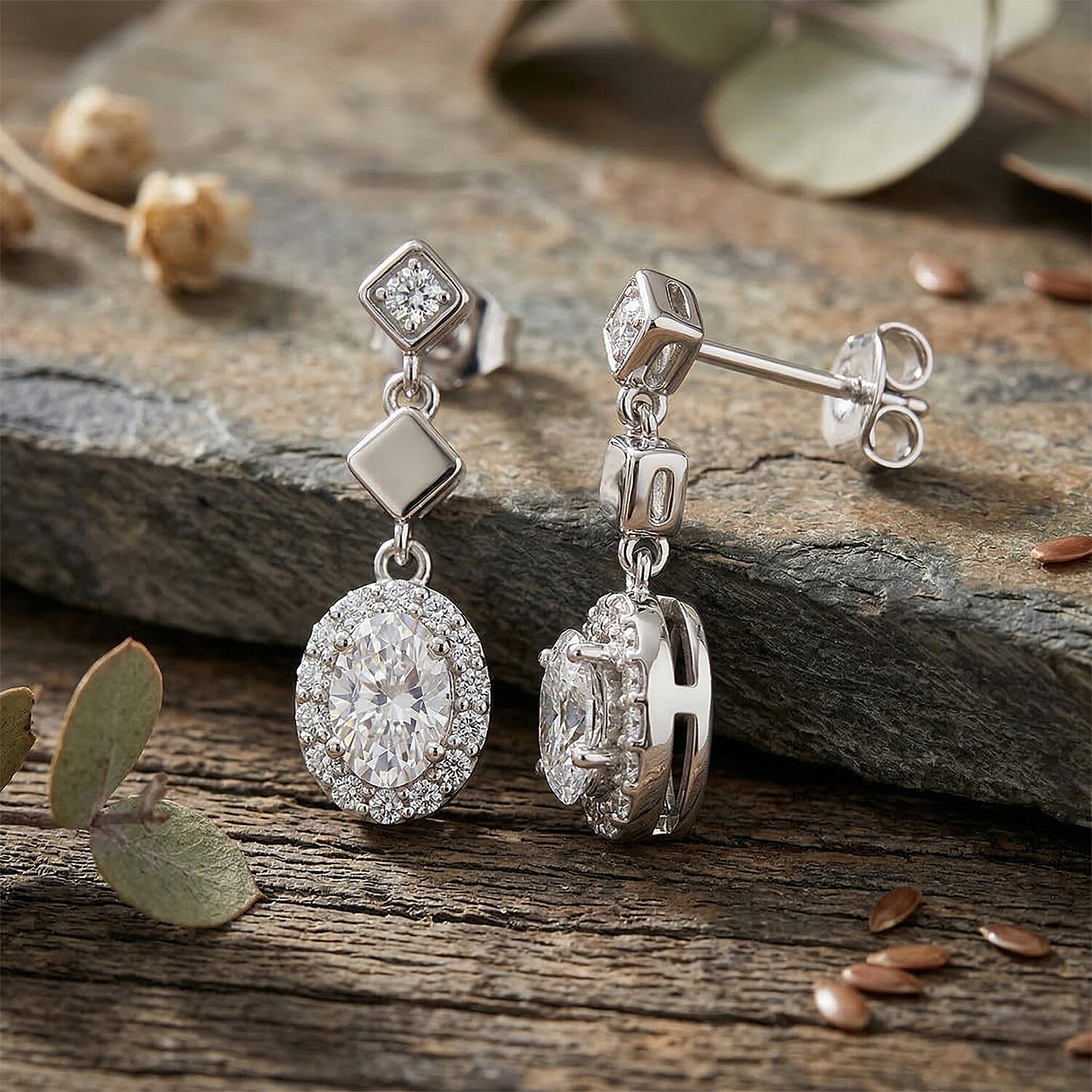 D'Joy GRA Certified Moissanite D-VVS1 Earring with Push Back in Rhodium Overlay Sterling Silver 1.30 Ct.