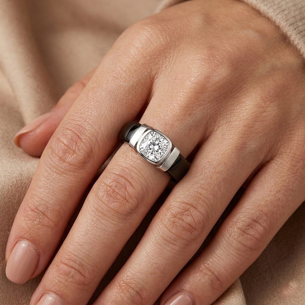 D'Joy - GRA Certified Moissanite & Dyed Black Jade Solitaire Band Ring in Rhodium Overlay Sterling Silver 29.70 Ct.