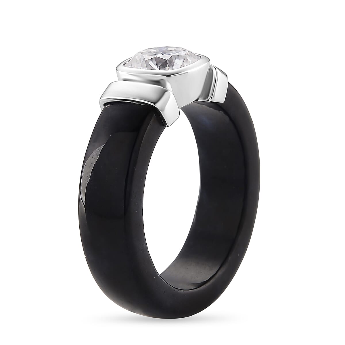D'Joy - GRA Certified Moissanite & Dyed Black Jade Solitaire Band Ring in Rhodium Overlay Sterling Silver 29.70 Ct.