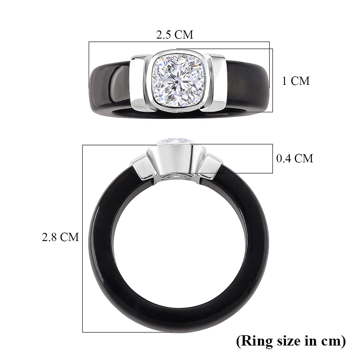 D'Joy - GRA Certified Moissanite & Dyed Black Jade Solitaire Band Ring in Rhodium Overlay Sterling Silver 29.70 Ct.