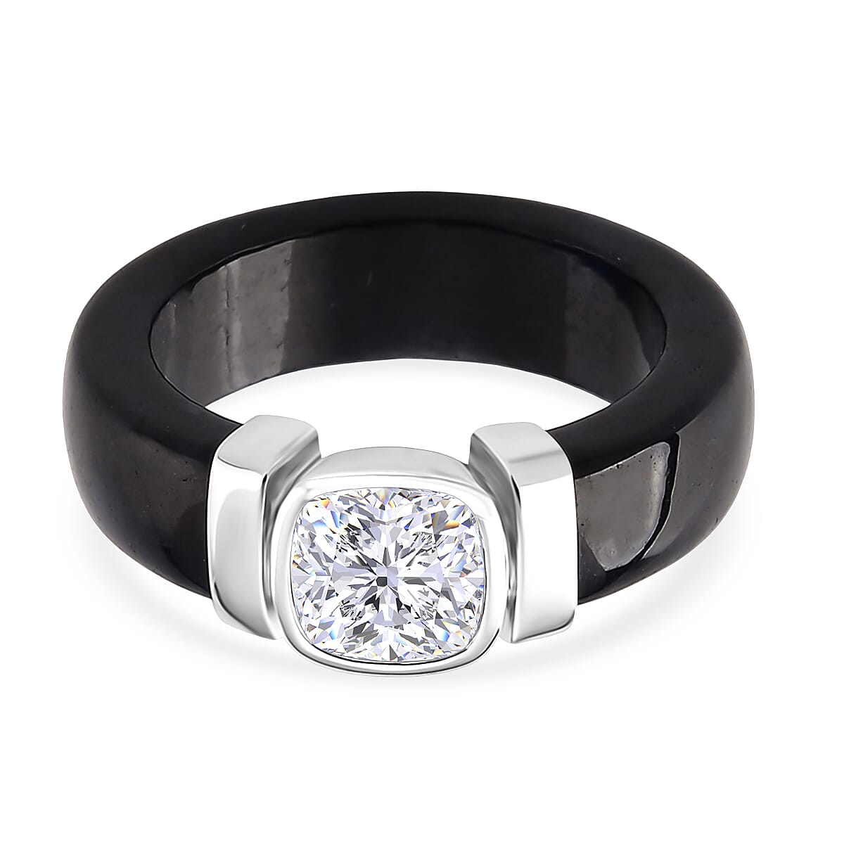 D-VVS1 GRA Certified Moissanite (1.70 Cts) &  Black Jade Solitaire Band Ring in Rhodium Overlay Sterling Silver 30.00  Ct.