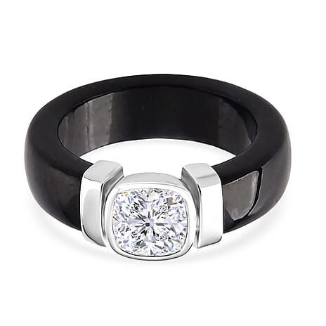 D'Joy Moissanite & Dyed Black Jade GRA Certified Solitaire Band Ring in Rhodium Overlay Sterling Silver 29.70 Ct.