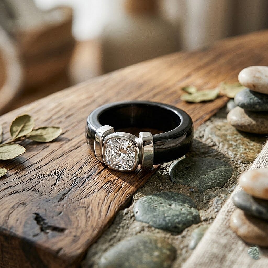 D'Joy Moissanite & Dyed Black Jade GRA Certified Solitaire Band Ring in Rhodium Overlay Sterling Silver 29.70 Ct.