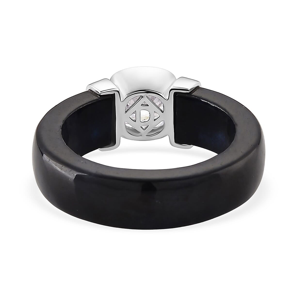 D'Joy Moissanite & Dyed Black Jade GRA Certified Solitaire Band Ring in Rhodium Overlay Sterling Silver 29.70 Ct.