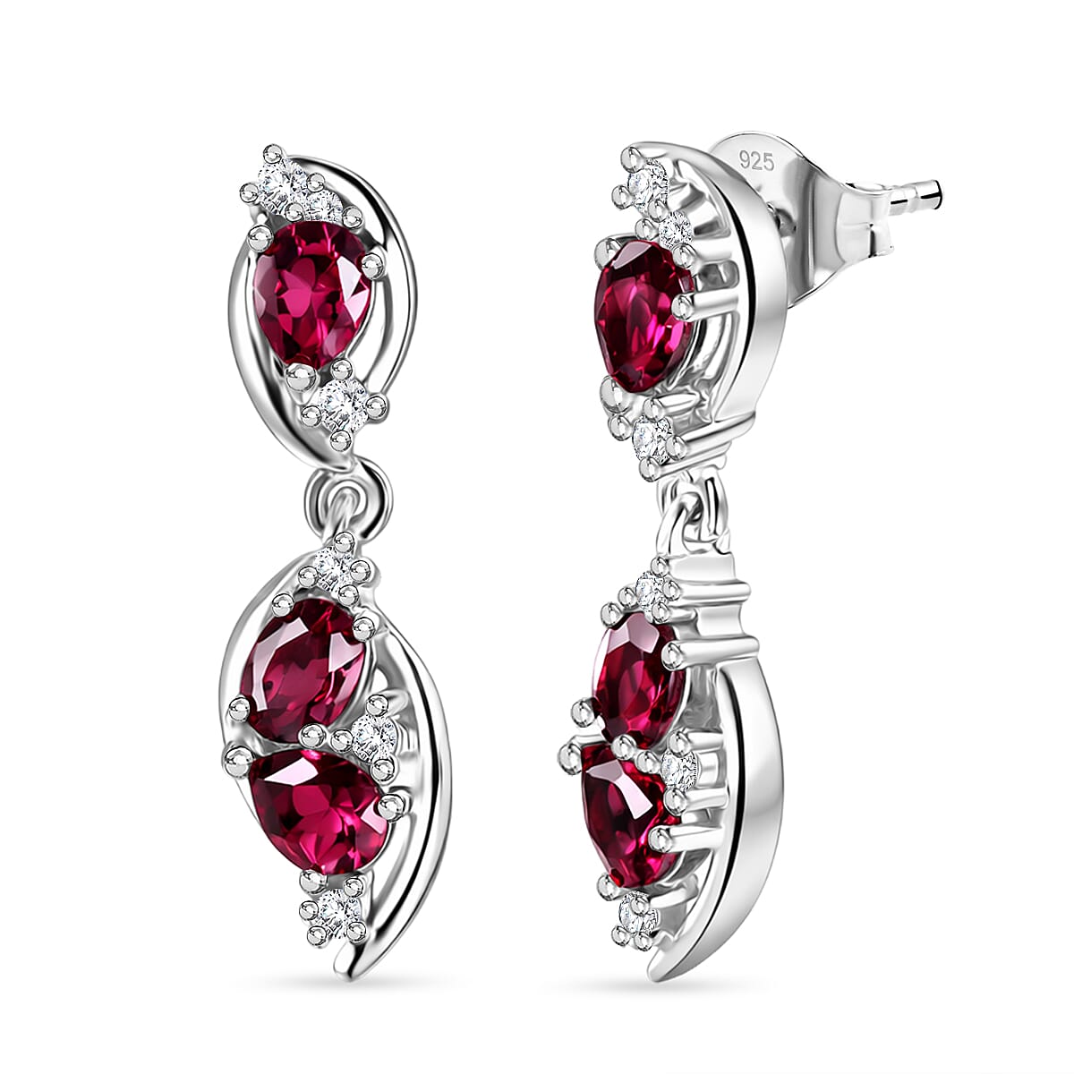D'Joy Rhodolite Garnet & White Zircon Dangling Push Post Earring in Platinum Overlay Sterling Silver 1.46 Ct.