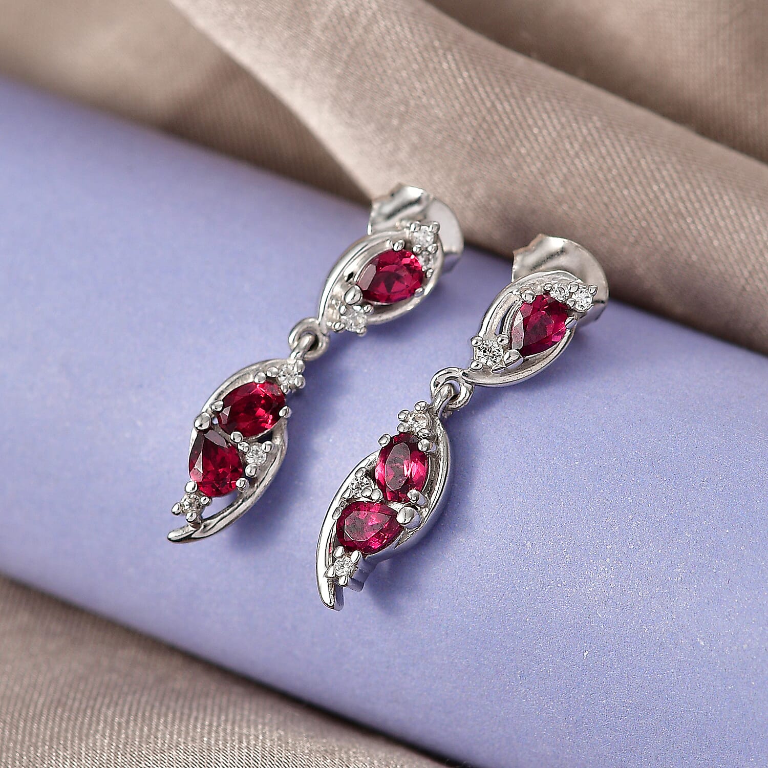 D'Joy Rhodolite Garnet & White Zircon Dangling Push Post Earring in Platinum Overlay Sterling Silver 1.46 Ct.