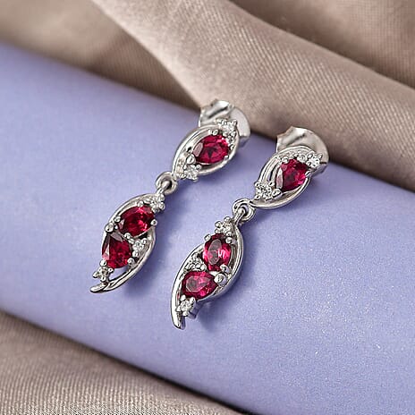 D'Joy Rhodolite Garnet & White Zircon Dangling Push Post Earring in Platinum Overlay Sterling Silver 1.46 Ct.