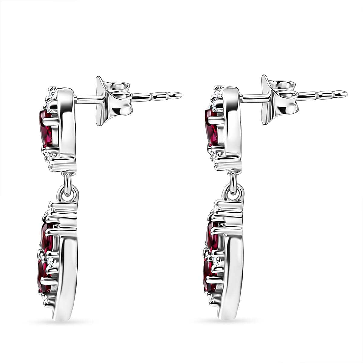 D'Joy Rhodolite Garnet & White Zircon Dangling Push Post Earring in Platinum Overlay Sterling Silver 1.46 Ct.