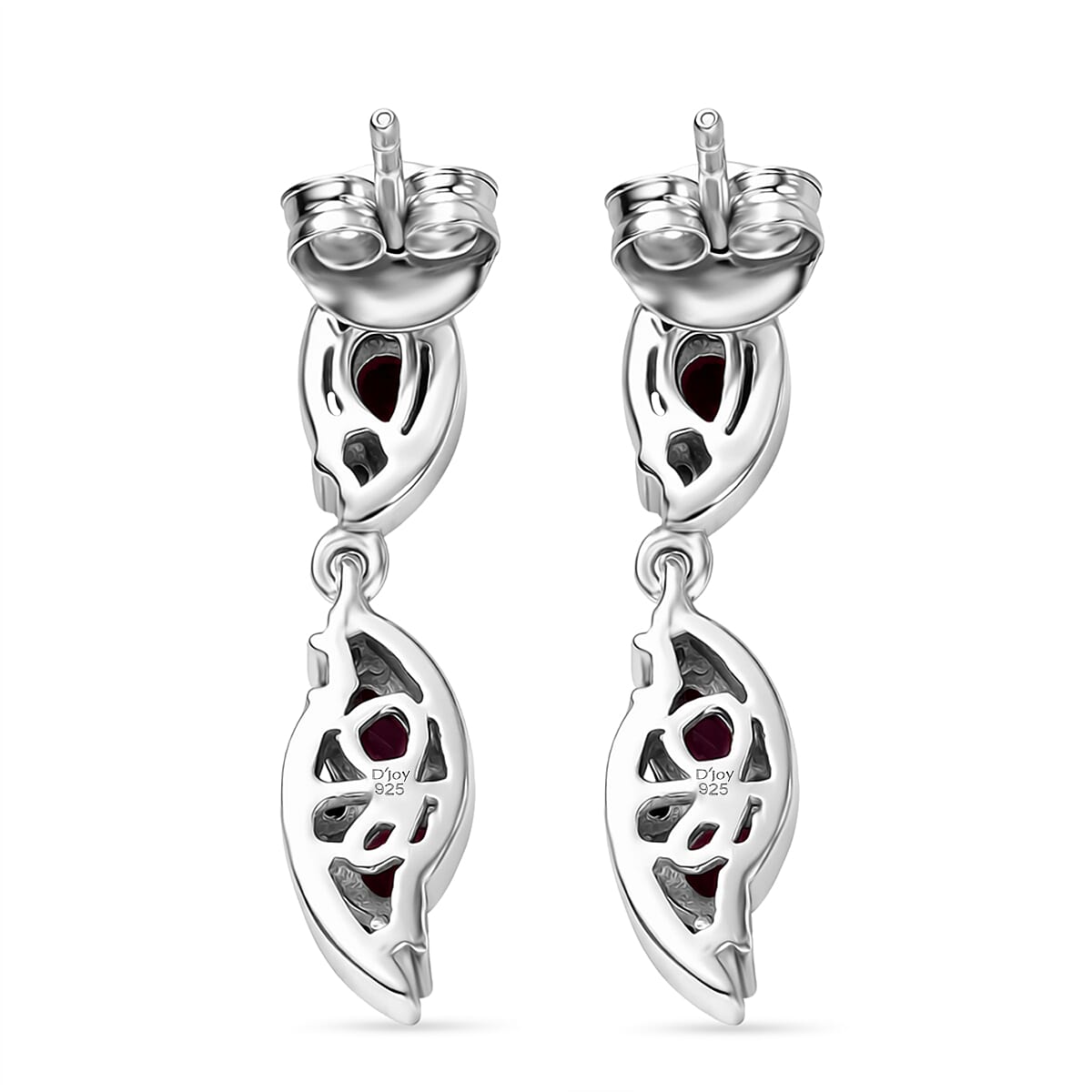 D'Joy Rhodolite Garnet & White Zircon Dangling Push Post Earring in Platinum Overlay Sterling Silver 1.46 Ct.