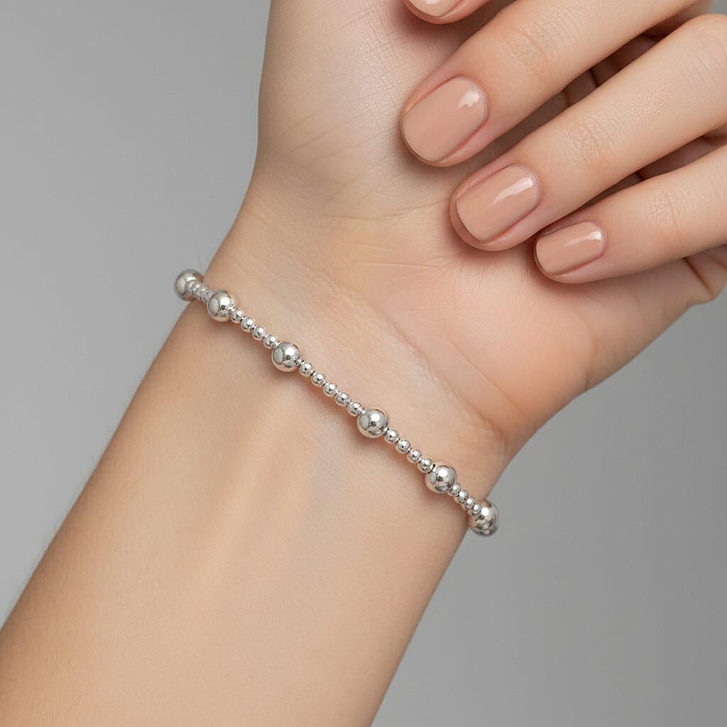 Close Out Deal - Sterling Silver Stretchable Beaded Bracelet (Size - 7)