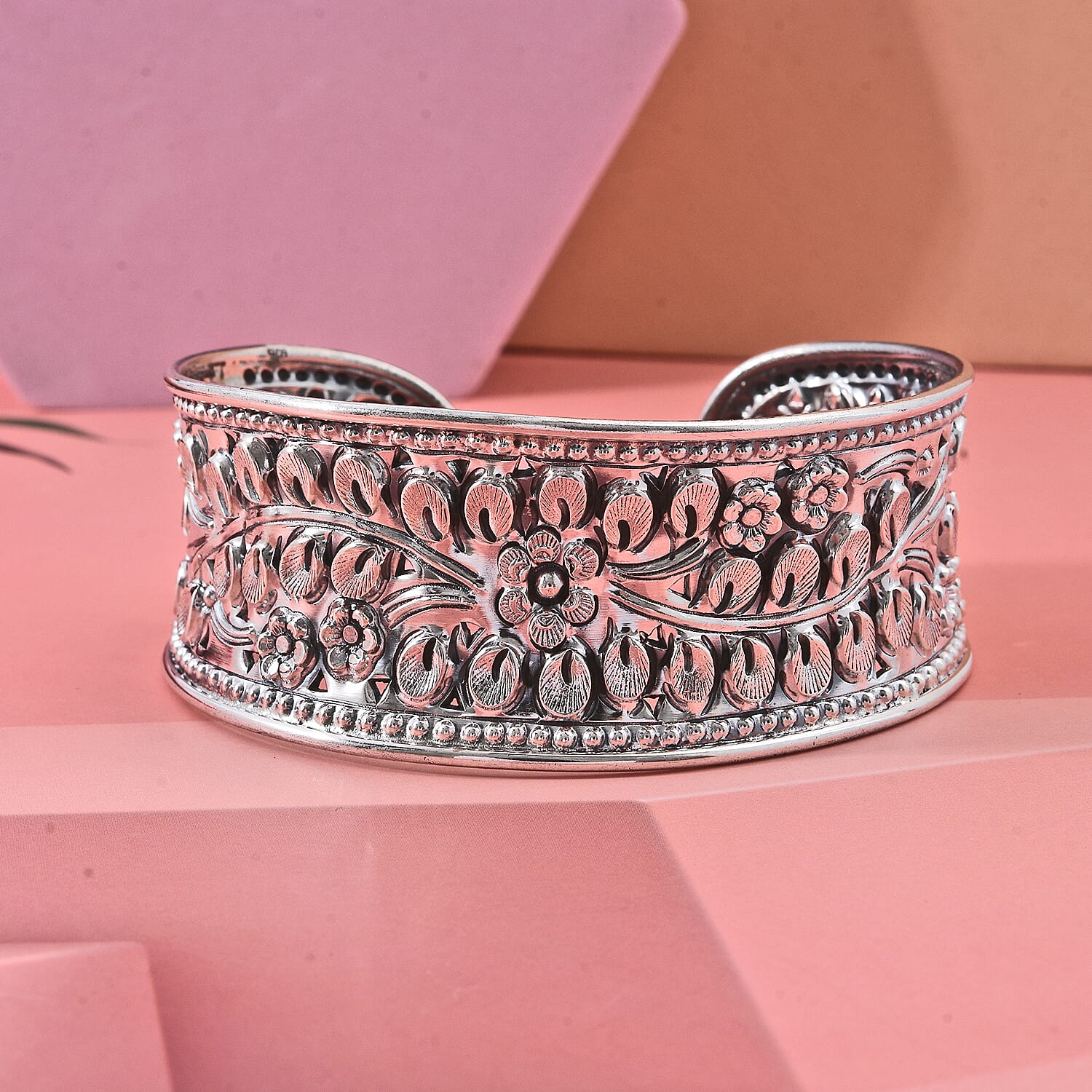 Close Out Deal - Sterling Silver Floral Design Cuff Bangle (Size-7.5), Silver Wt. 27.50 Gms