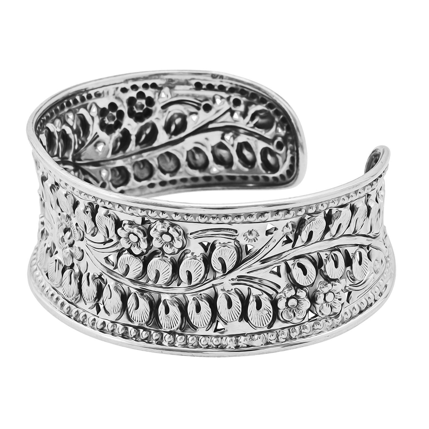 Close Out Deal - Sterling Silver Floral Design Cuff Bangle (Size-7.5), Silver Wt. 27.50 Gms