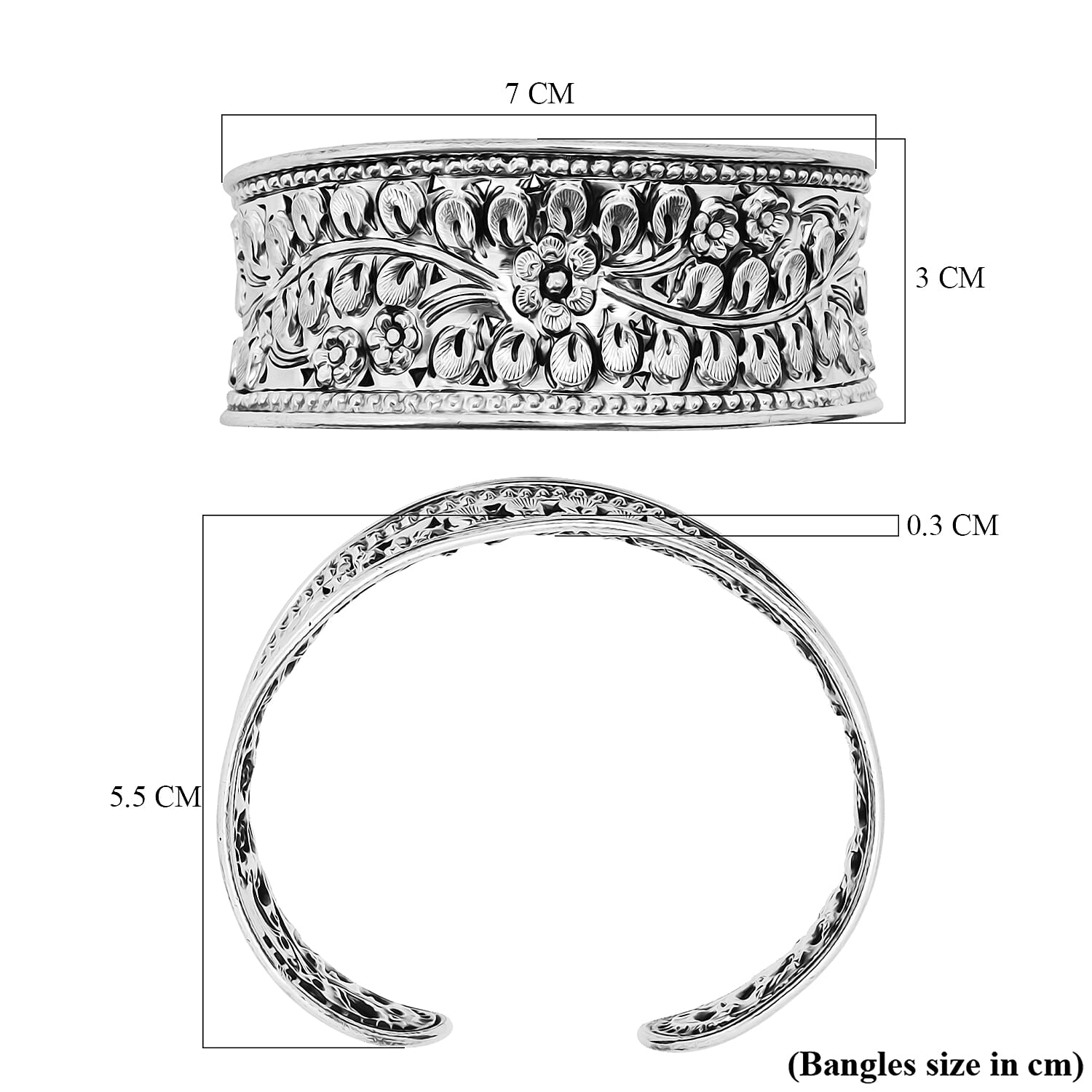 Close Out Deal - Sterling Silver Floral Design Cuff Bangle (Size-7.5), Silver Wt. 27.50 Gms