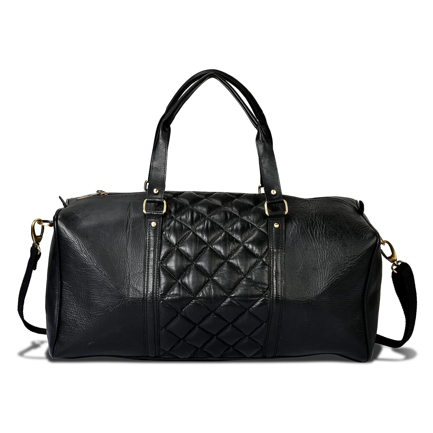 Valisserie 100% Genuine Leather Quilted Luggage Duffle Bag with Handle Drop - Black