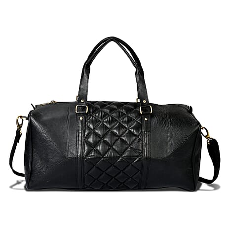 Valisserie 100% Genuine Leather Quilted Luggage Duffle Bag with Handle Drop - Black
