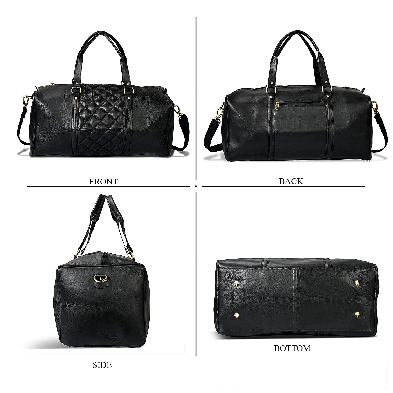 Valisserie 100% Genuine Leather Quilted Luggage Duffle Bag with Handle Drop - Black