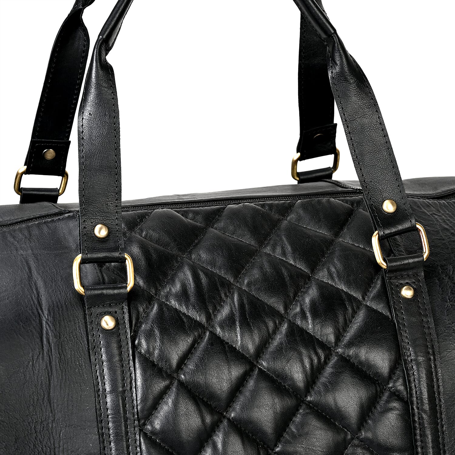 Valisserie 100% Genuine Leather Quilted Luggage Duffle Bag with Handle Drop - Black