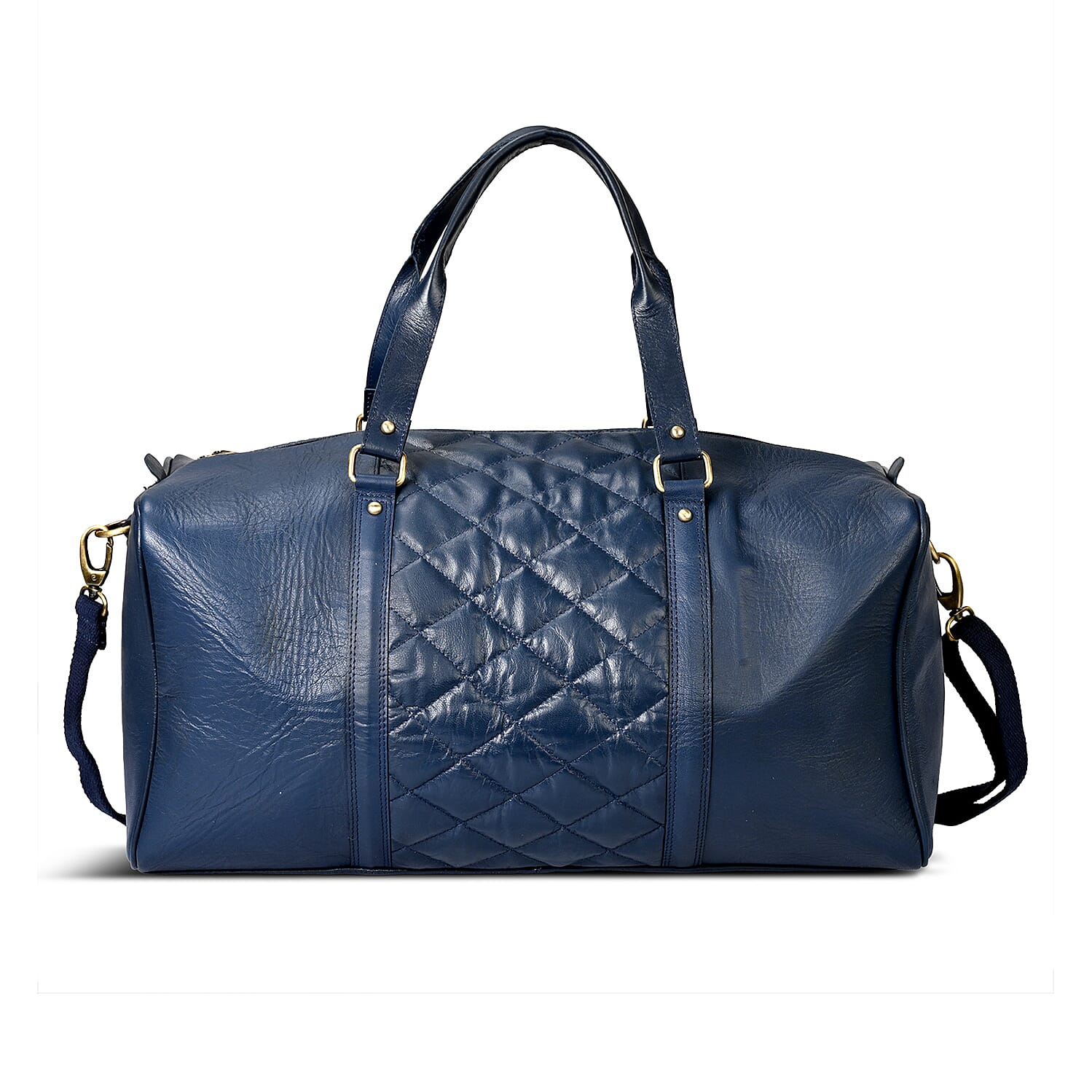 Valisserie 100% Genuine Leather Quilted Luggage Duffle Bag with Handle Drop - Navy