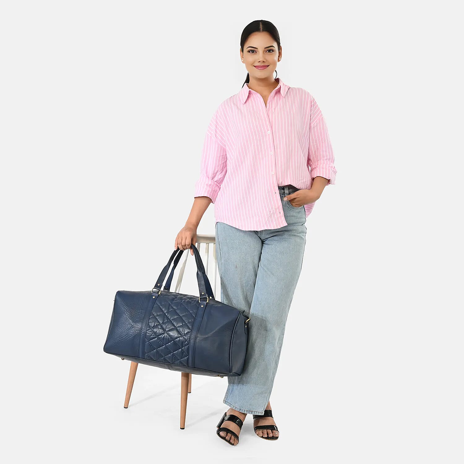 Valisserie 100% Genuine Leather Quilted Luggage Duffle Bag with Handle Drop - Navy