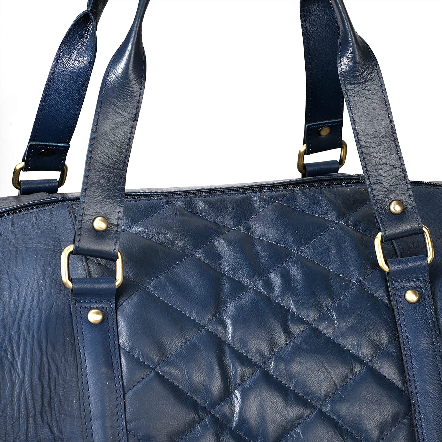 Valisserie 100% Genuine Leather Quilted Luggage Duffle Bag with Handle Drop - Navy