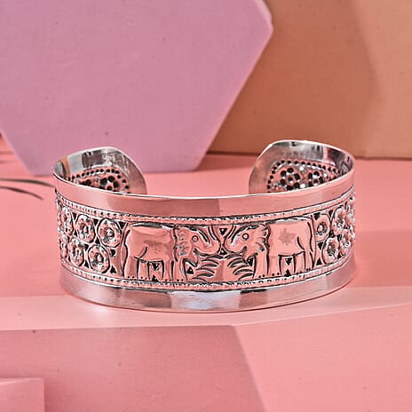 Close Out Deal - Sterling Silver Elephant Cuff Bangle (Size -7), Silver Wt. 27.30 Gms