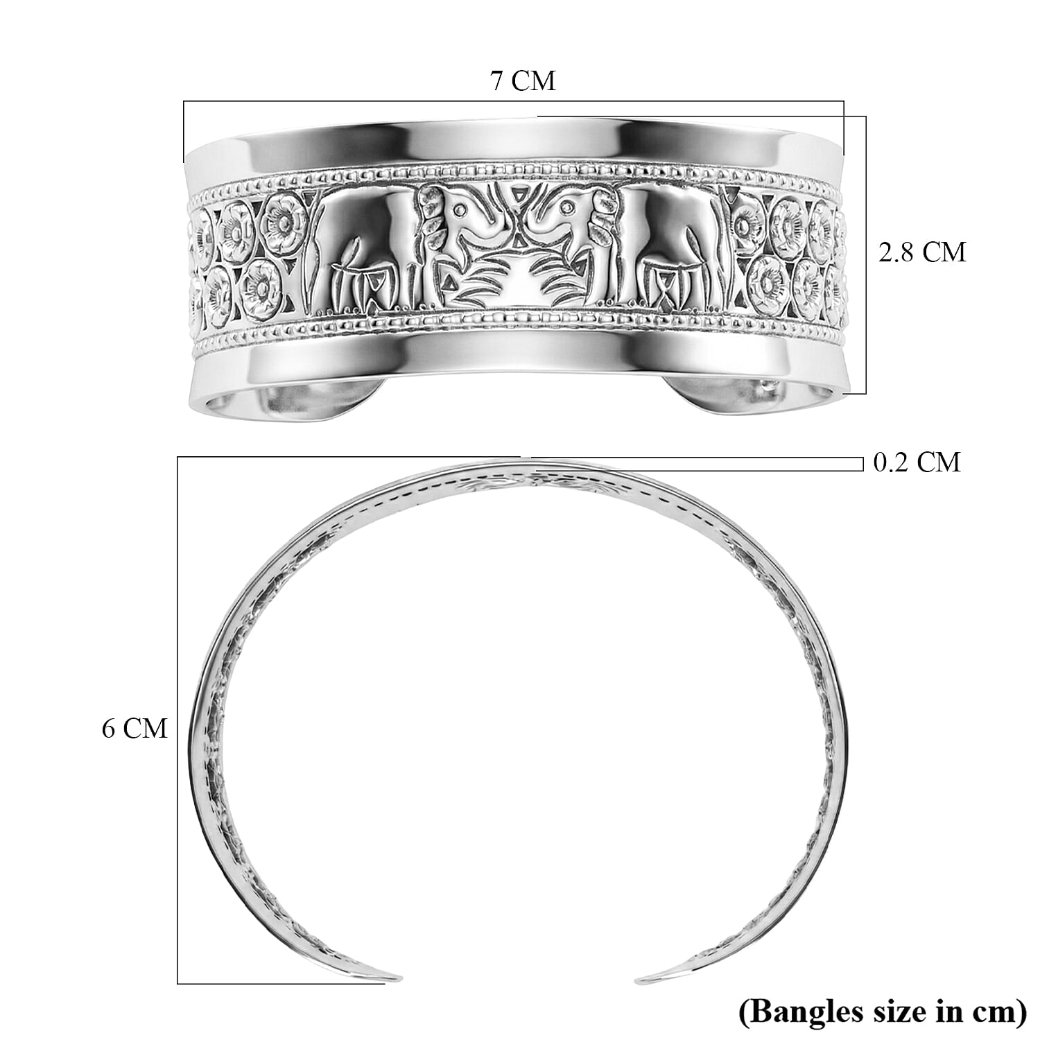 Close Out Deal - Sterling Silver Elephant Cuff Bangle (Size -7), Silver Wt. 30.60 Gms