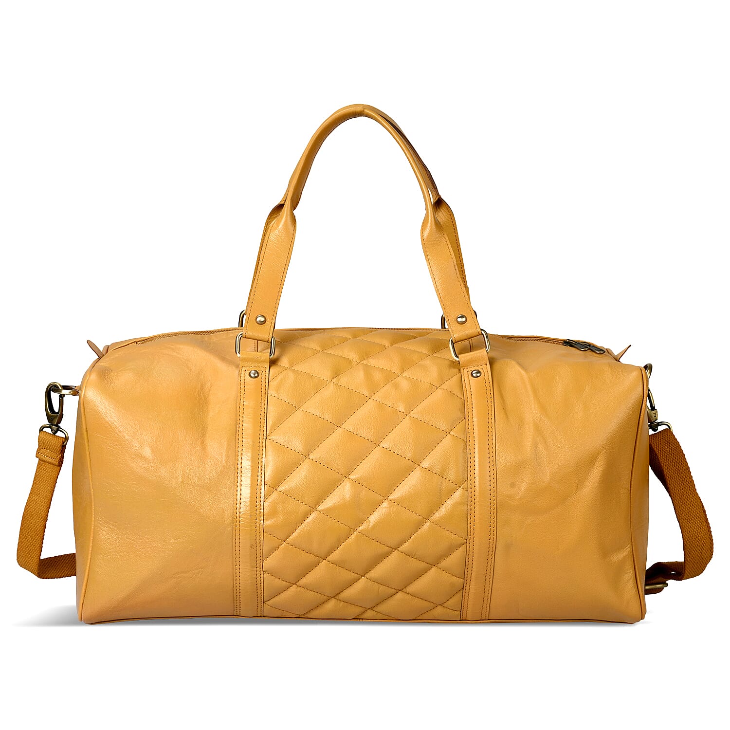 Valisserie 100% Genuine Leather Quilted Luggage Duffle Bag with Handle Drop - Mustard
