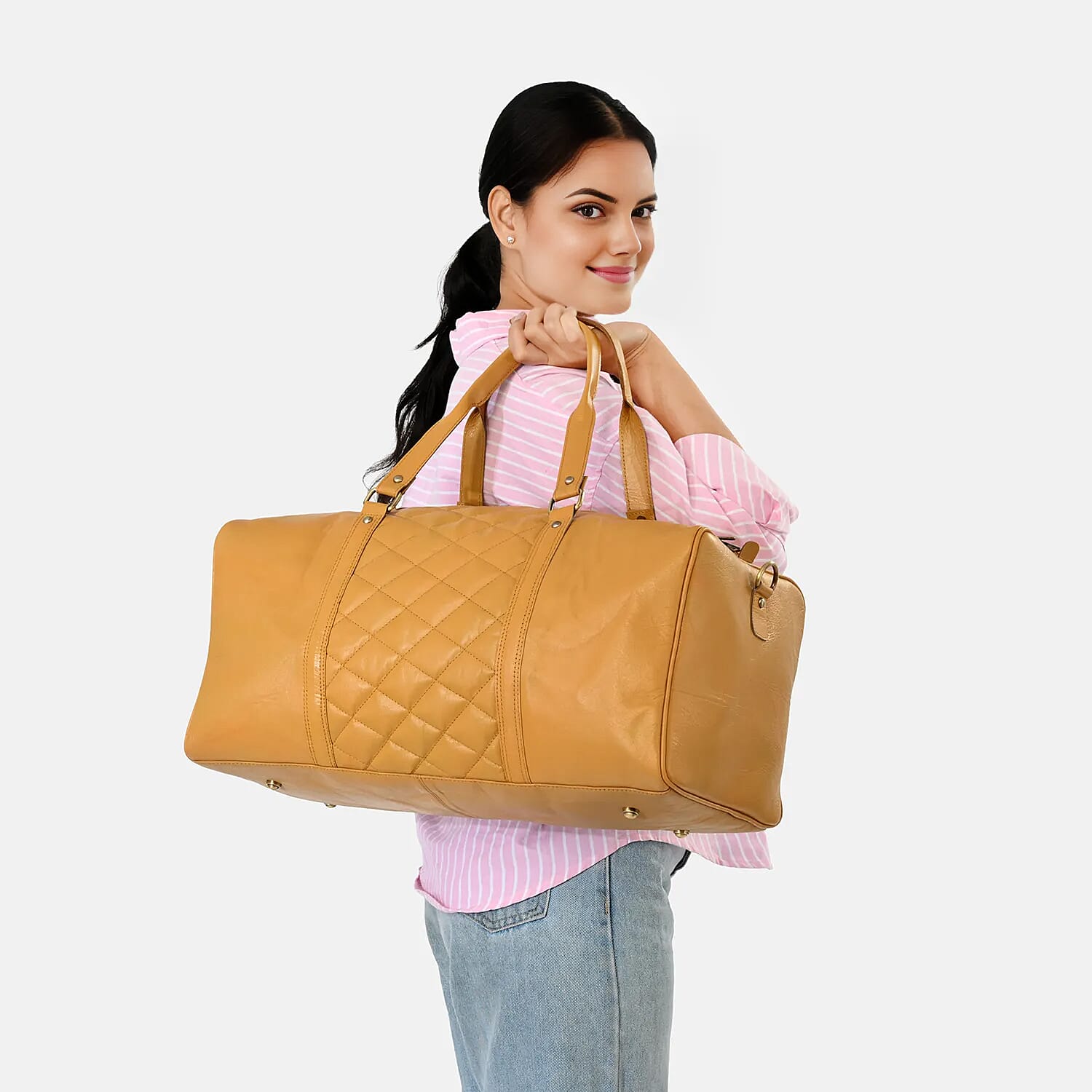 Valisserie 100% Genuine Leather Quilted Luggage Duffle Bag with Handle Drop - Mustard