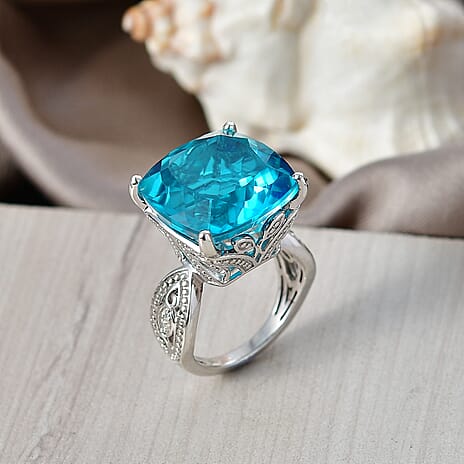 D'Joy Capri Blue Triplet Quartz & White Zircon Ring in Rhodium Overlay Sterling Silver 16.46 Ct.