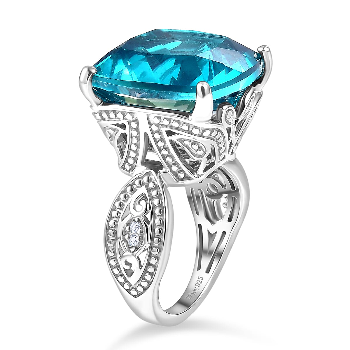 D'Joy Capri Blue Triplet Quartz & White Zircon Ring in Rhodium Overlay Sterling Silver 16.46 Ct.