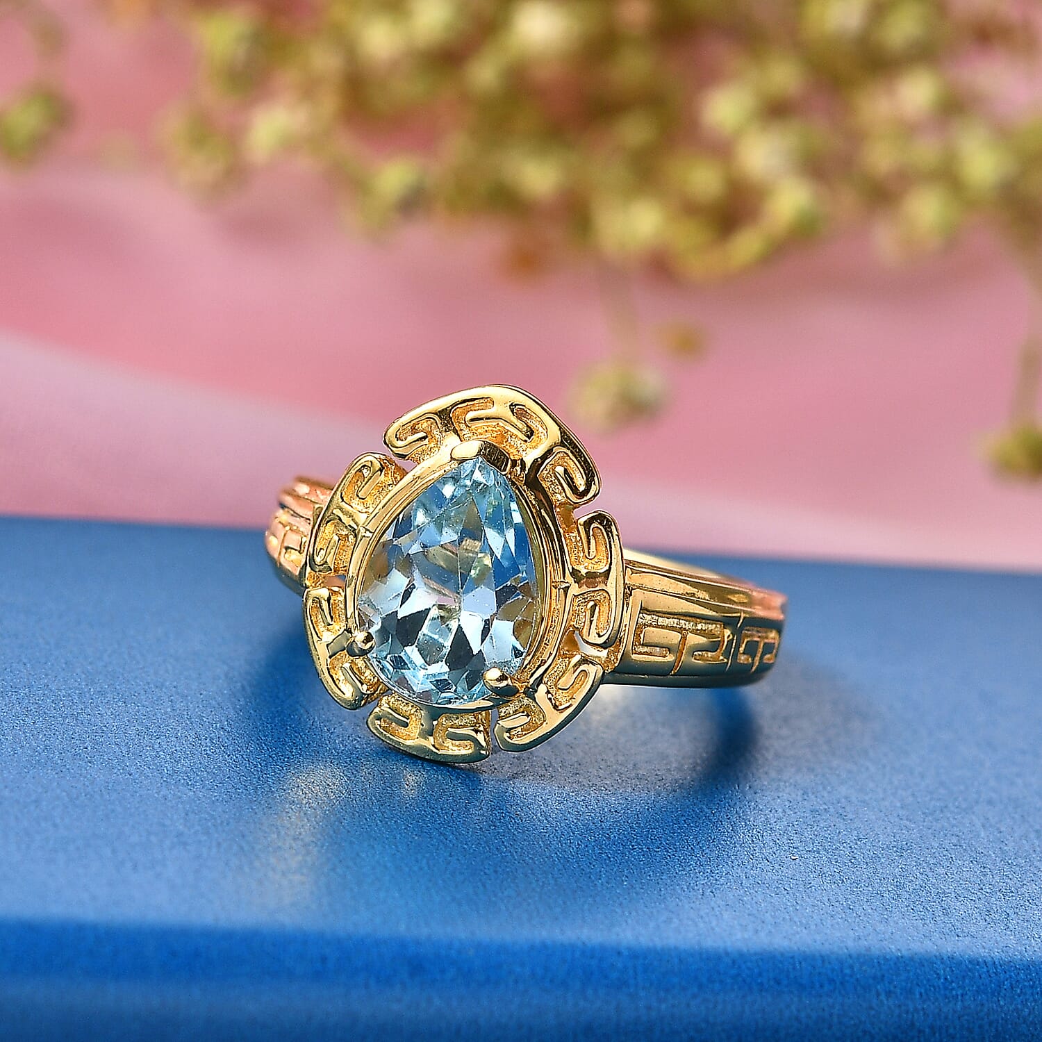 EverTrue - Skyblue Topaz Pear Cut Solitaire Ring in Yellow Gold Tone 2.73 Ct.