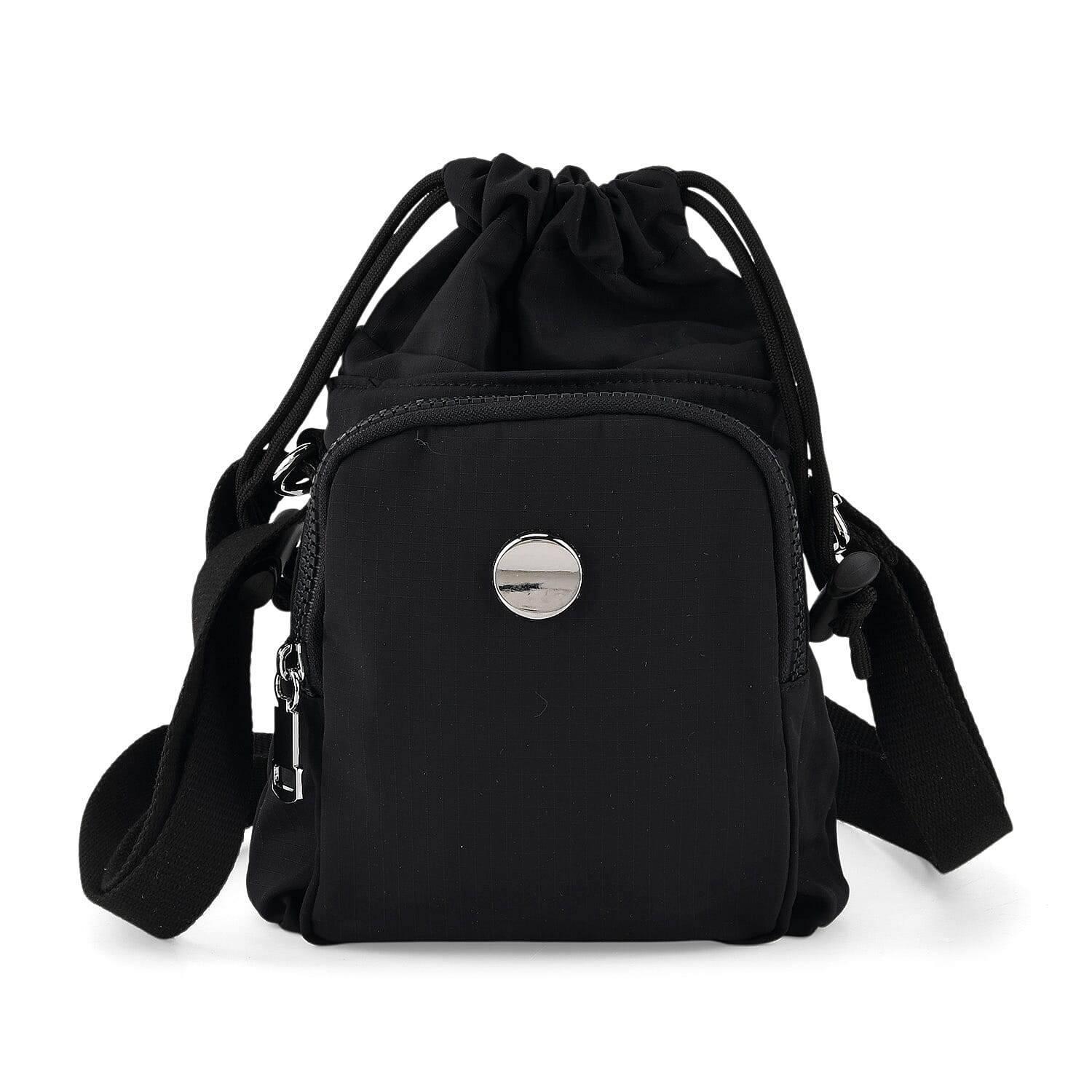 Casual Drawstring Multi-Pocket Crossbody Bucket Bag - Black