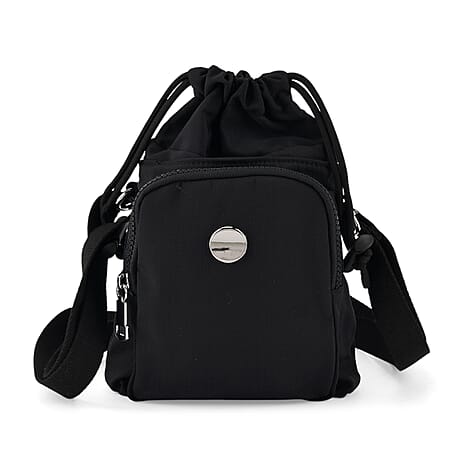 Casual Drawstring Multi-Pocket Crossbody Bucket Bag - Black