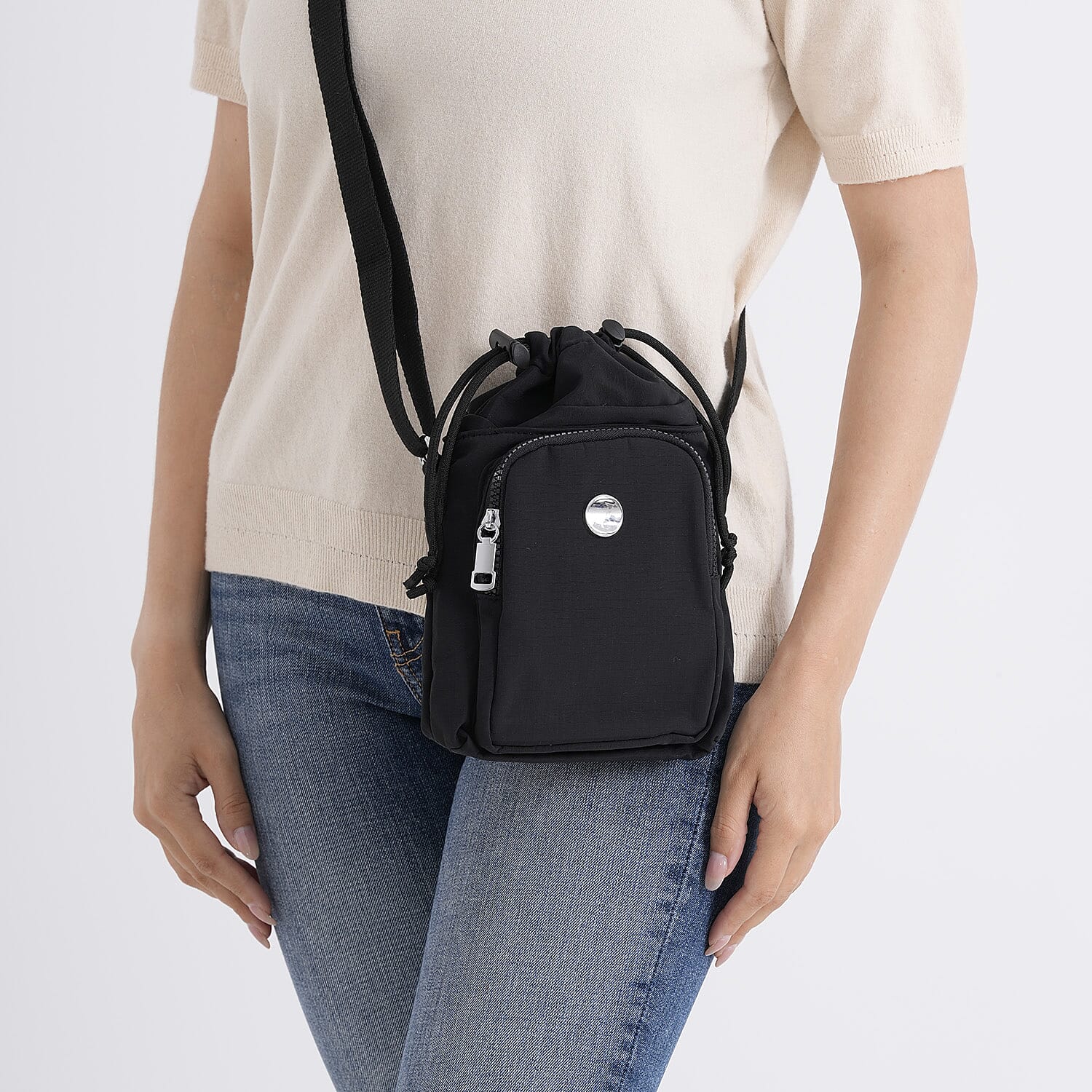 Casual Drawstring Multi-Pocket Crossbody Bucket Bag - Black