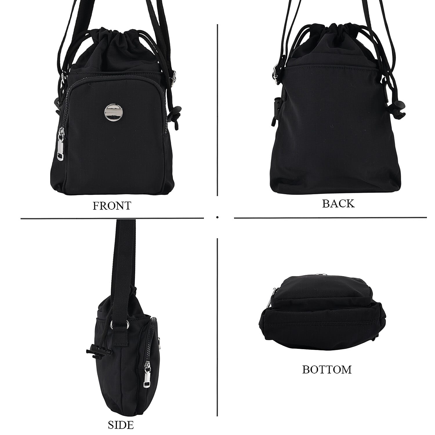 Casual Drawstring Multi-Pocket Crossbody Bucket Bag - Black