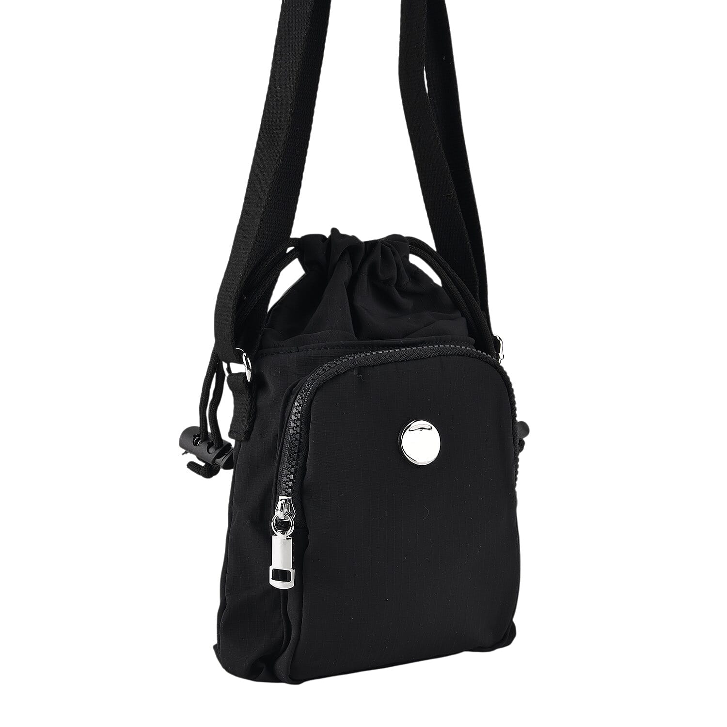 Casual Drawstring Multi-Pocket Crossbody Bucket Bag - Black