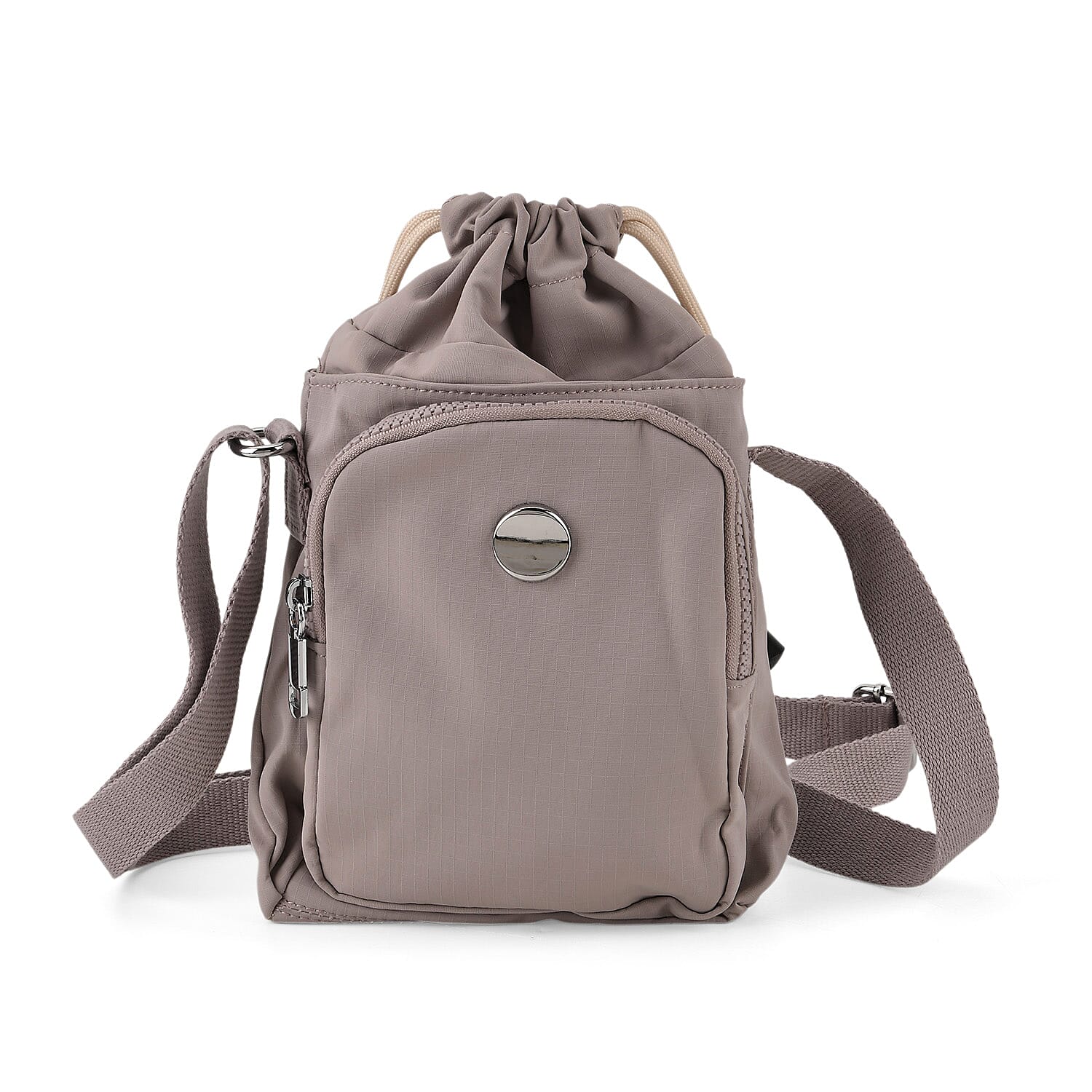 Casual Drawstring Multi-Pocket Crossbody Bucket Bag - Light Grey
