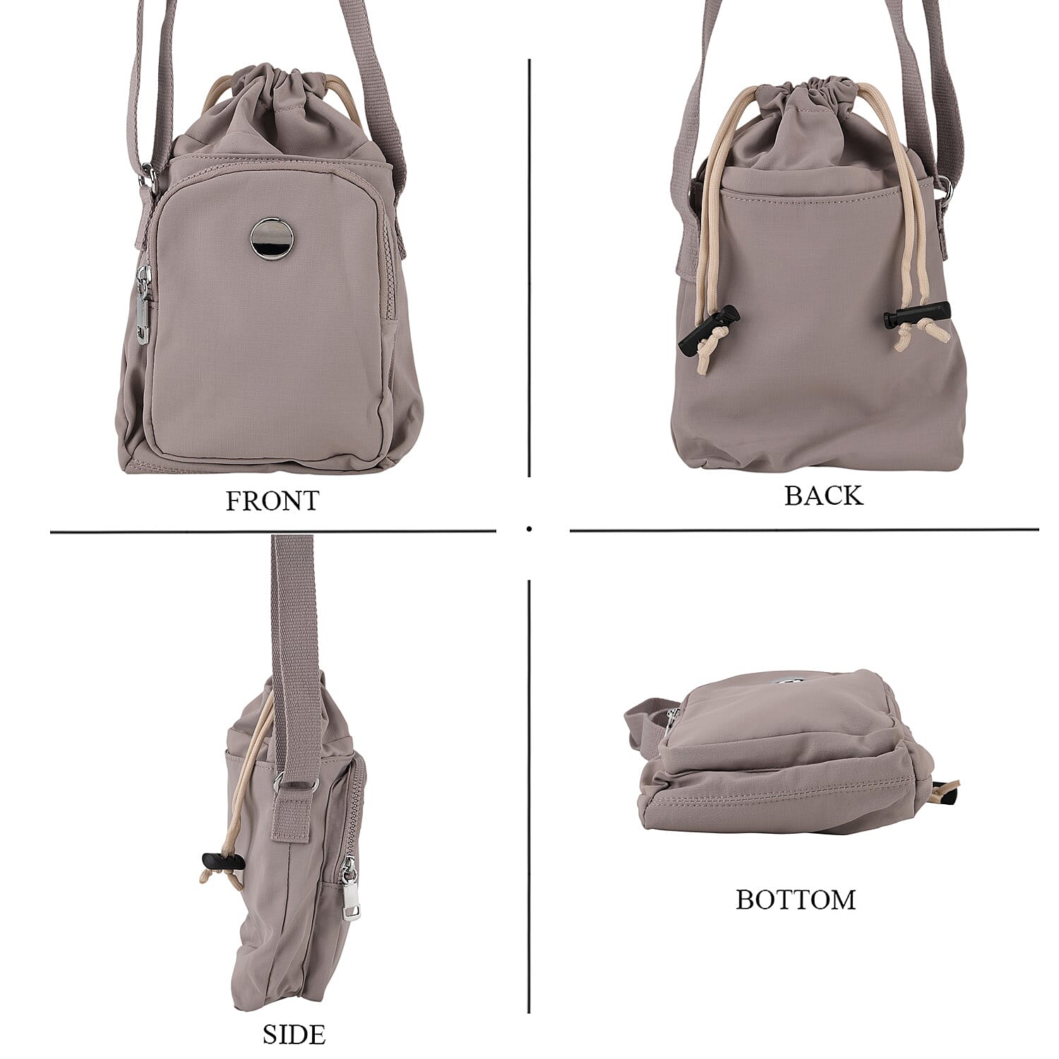 Casual Drawstring Multi-Pocket Crossbody Bucket Bag - Light Grey