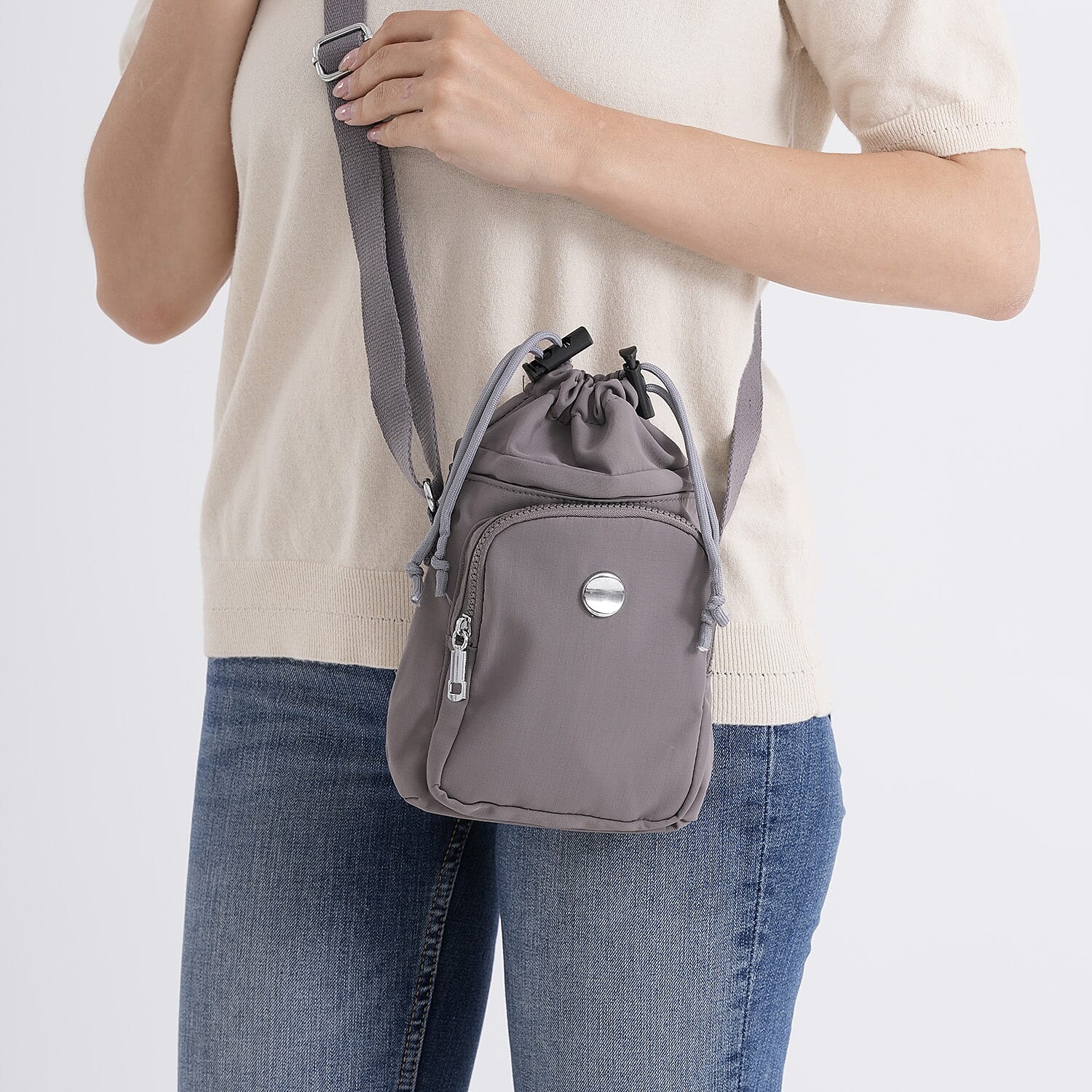 Casual Drawstring Multi-Pocket Crossbody Bucket Bag - Grey