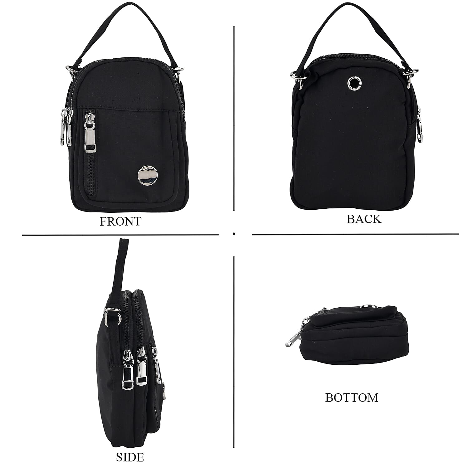 Multi-Pocket Crossbody Messenger Bag with Top Handle - Black