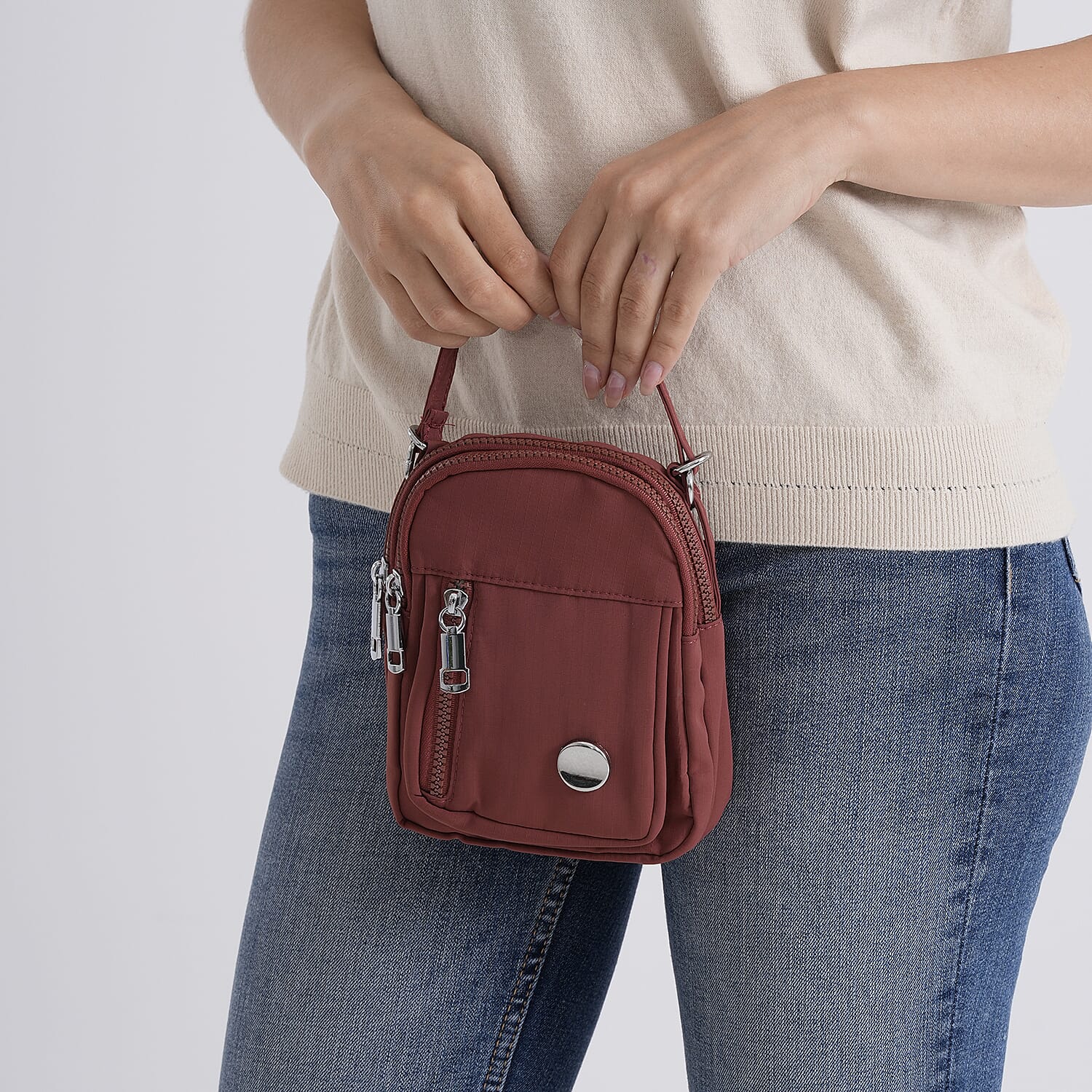 Multi-Pocket Crossbody Messenger Bag with Top Handle - Red