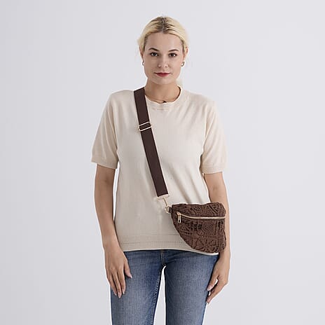 Crochet Crescent Sling Bag with Adjustable Strap - Brown