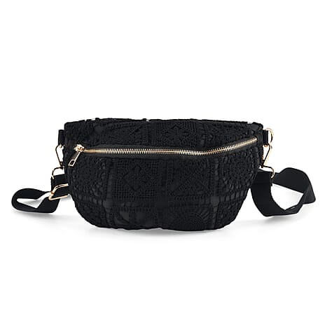 Crochet Crescent Sling Bag with Adjustable Strap - Black