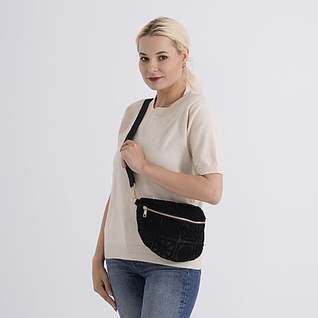 Crochet Crescent Sling Bag with Adjustable Strap - Black