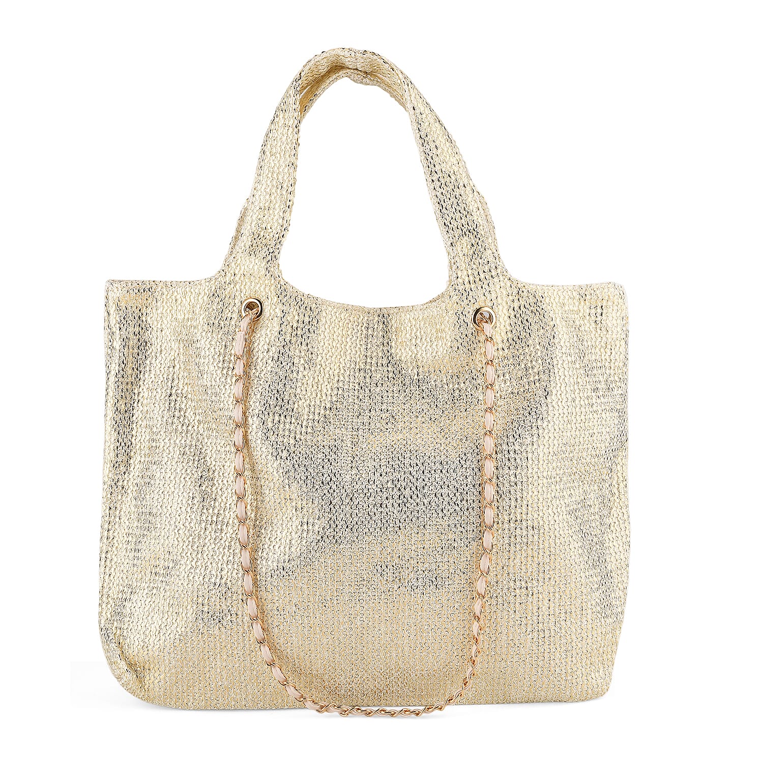 Elegant Shimmering Tote Bag with Chain Strap - Gold & Off White