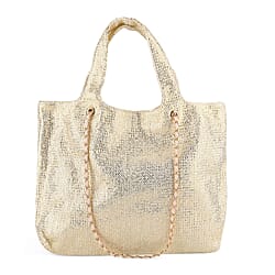Elegant Shimmering Tote Bag with Chain Strap - Gold & Off White