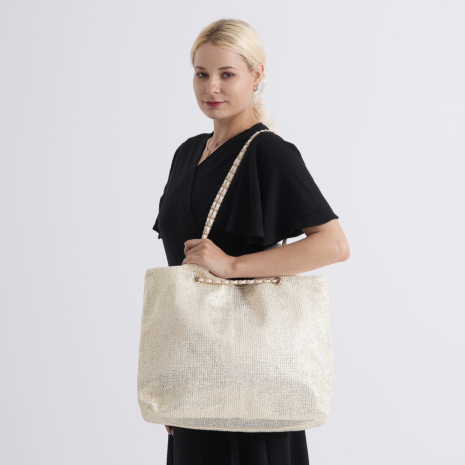 Elegant Shimmering Tote Bag with Chain Strap - Gold & Off White