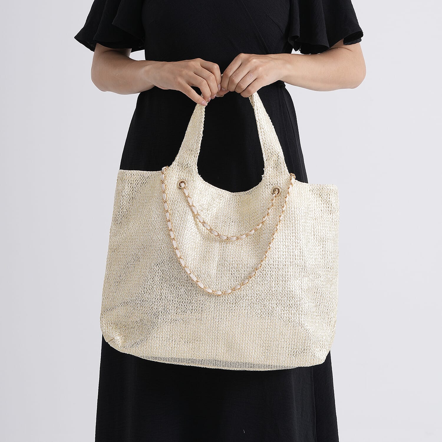 Elegant Shimmering Tote Bag with Chain Strap - Gold & Off White